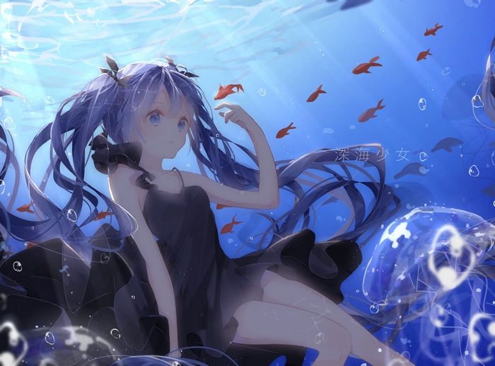 Hatsune Miku underwater with fish and jellyfish