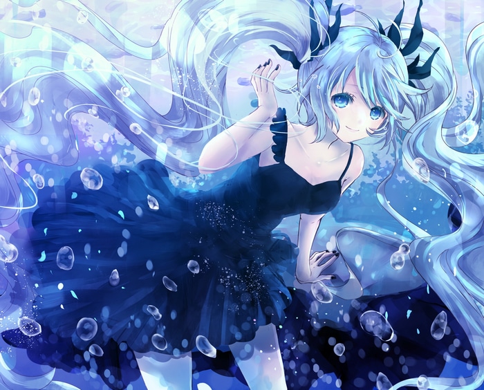 Hatsune Miku underwater in a dark blue dress with bubbles