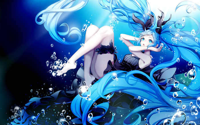 Hatsune Miku underwater with blue hair and bubbles