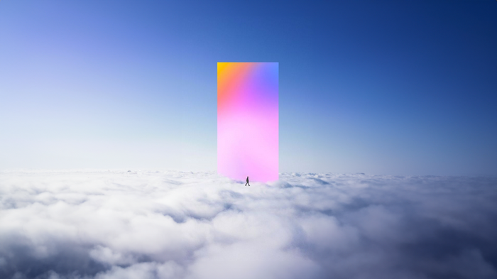 Person walking on clouds with a colorful portal