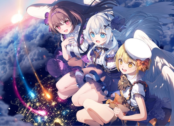 Three anime girls with angel wings flying in the sky