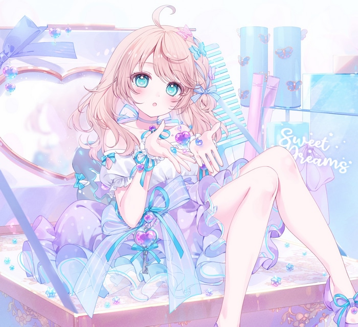 Anime girl with blonde hair and blue eyes in a dress