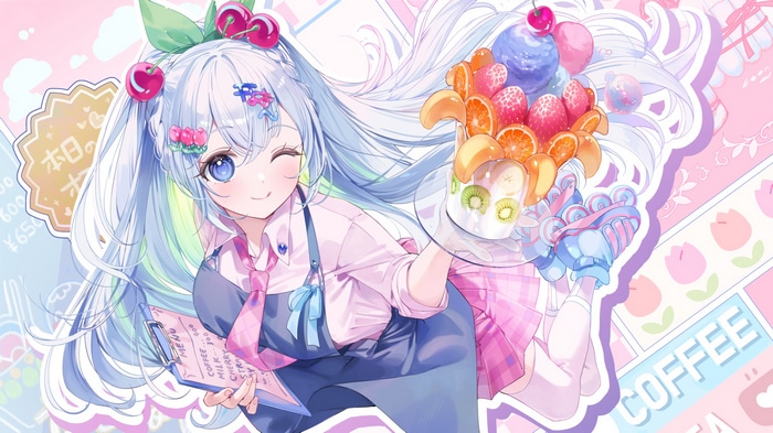 Anime girl with blue hair serving fruit dessert