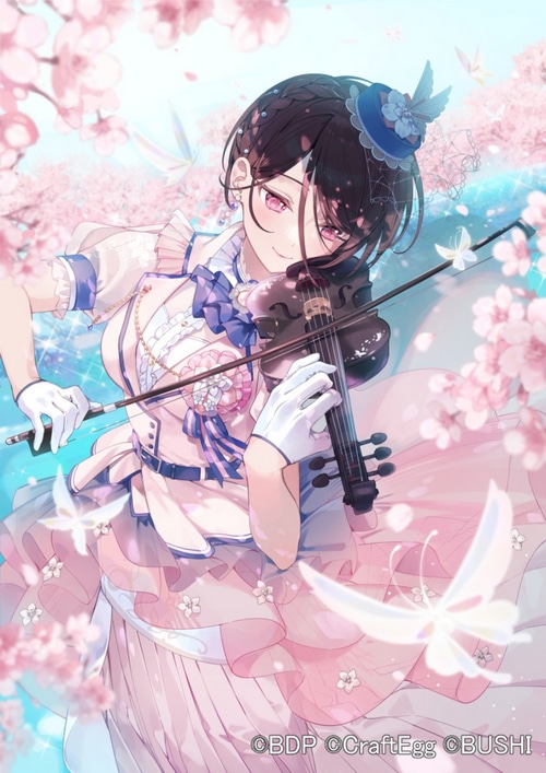 Girl in pink dress playing violin with cherry blossoms and butterflies