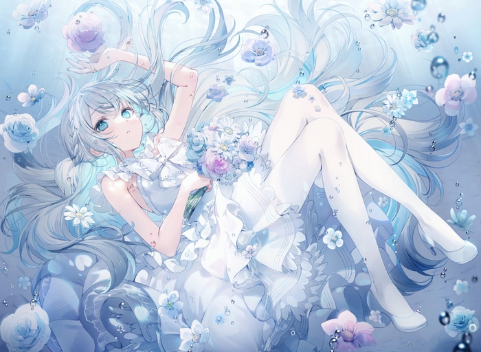 Anime girl with blue hair and flowers in water