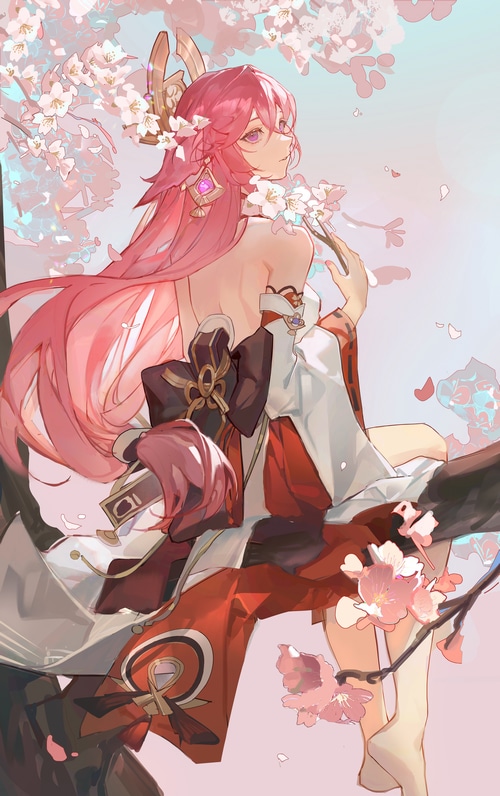Yae Miko with pink hair and cherry blossoms