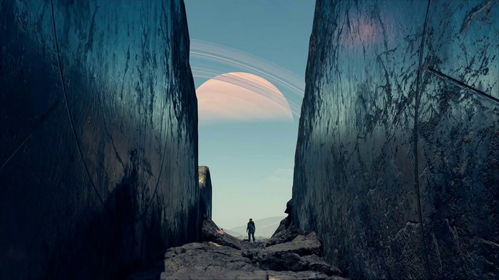 4K Starfield: Astronaut standing before Saturn