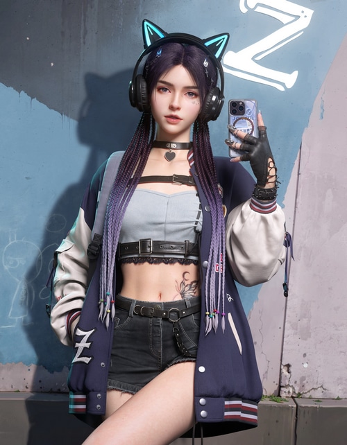 Woman with purple hair wearing headphones and jacket