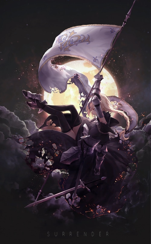Joan of Arc with Flag and Sword Under the Moon