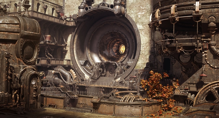 Steampunk machine with a large circular portal