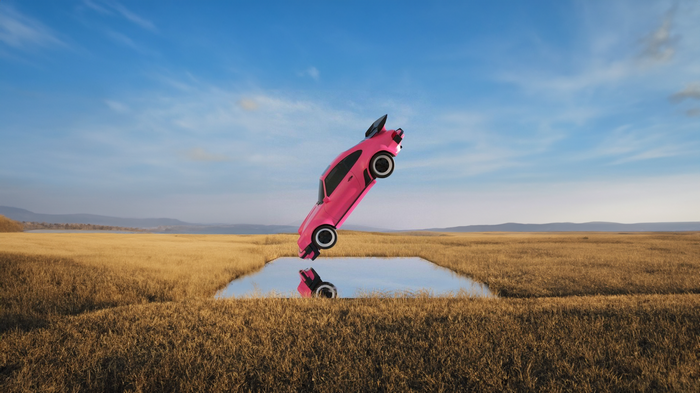 Pink car reflected in a square pool of water