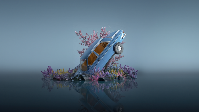 Blue car submerged in water with flowers
