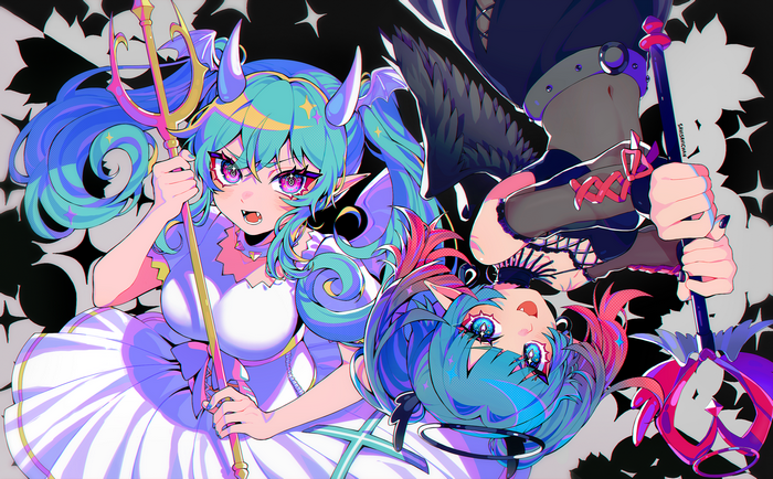 Two demon girls with horns and weapons