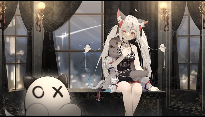 Cat girl with white twintails and cat ears holding plush toys