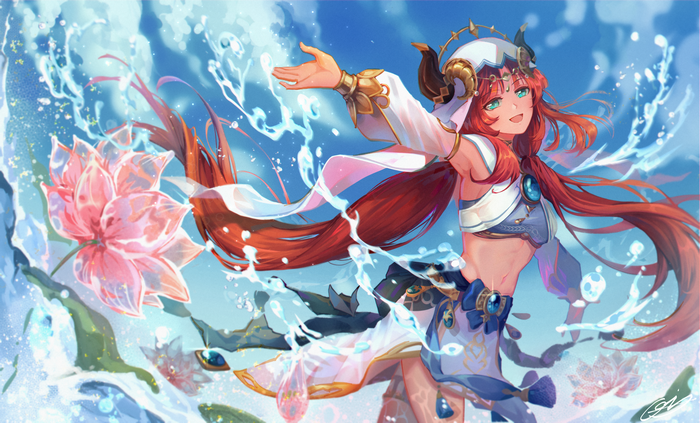 Nilou from Genshin Impact with flowers and water