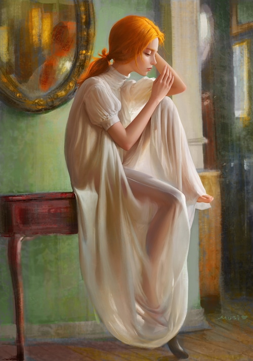 Redhead woman in a gown looking in a mirror