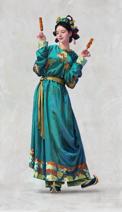 Woman in traditional Chinese dress holding candied fruit