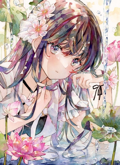 Girl with flowers and water lilies