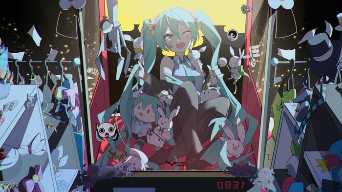 Hatsune Miku surrounded by plushies and prizes in a claw machine