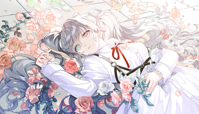 Hatsune Miku lying down with roses