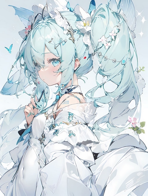 Hatsune Miku in a white dress with blue hair and flowers