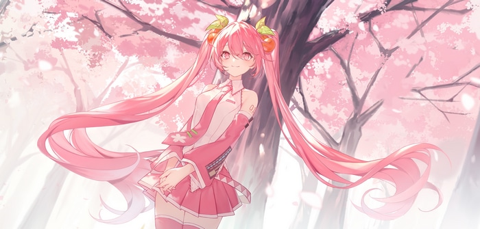 Sakura Miku with pink twintails under cherry trees