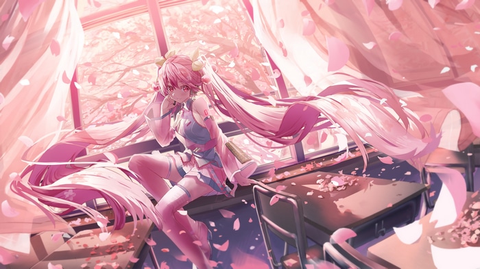 Hatsune Miku in a classroom with falling cherry blossoms