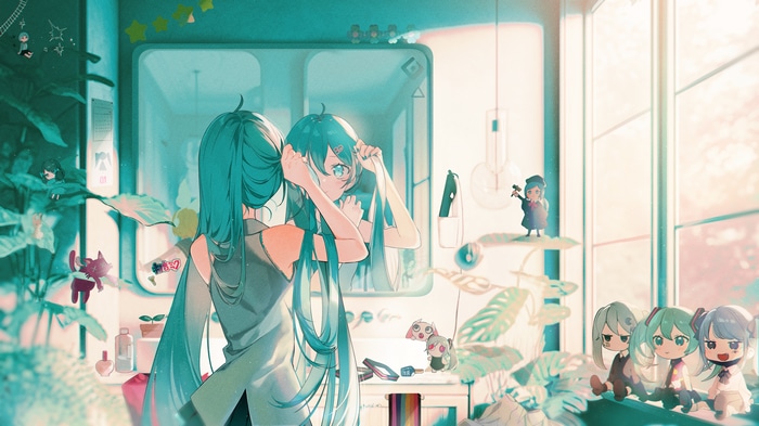 Hatsune Miku in a room with plants and a mirror