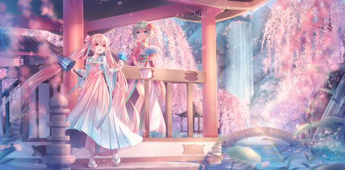 Anime girls with umbrella and fan by waterfall
