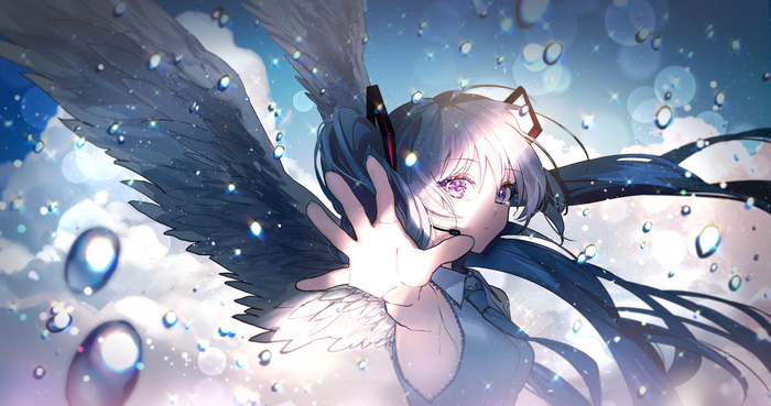 Vocaloid, water drops, wings, Hatsune Miku, arms reaching, twintails ...