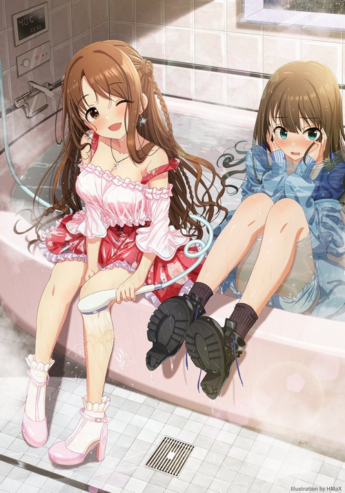 Anime girls in a bathtub with water and shower head