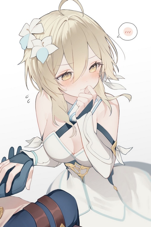 Lumine from Genshin Impact holding hands and blushing