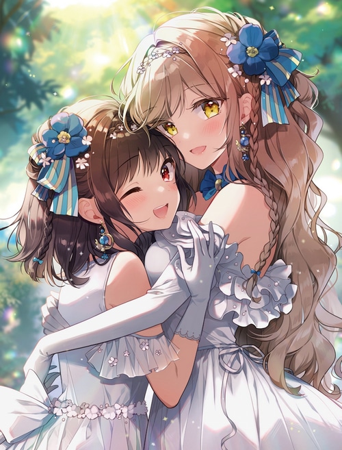 Two anime girls hugging in white dresses with blue flowers