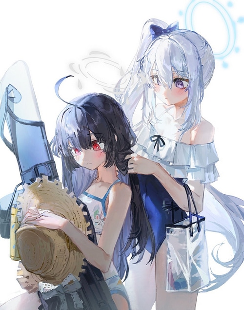 Miyu Kasumizawa and friend in swimsuits with a straw hat