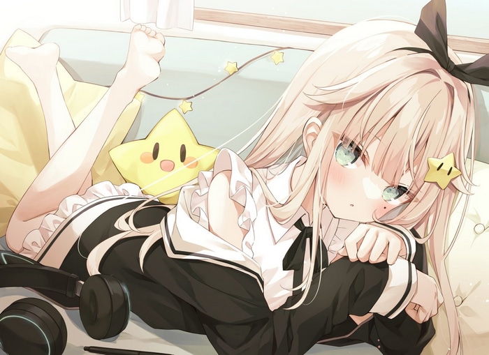Anime girl with headphones and star pillow