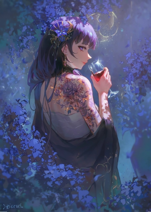 Anime girl with purple hair and tattoos drinking wine