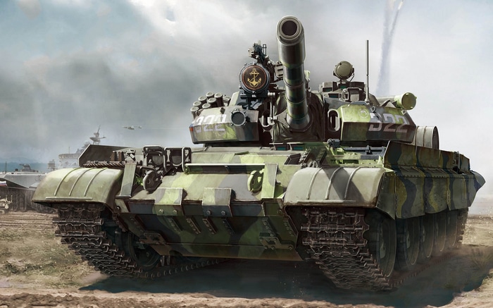 A military tank with an anchor emblem in a battle scene