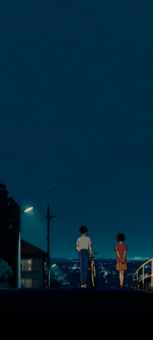Anime couple walking at night with city lights