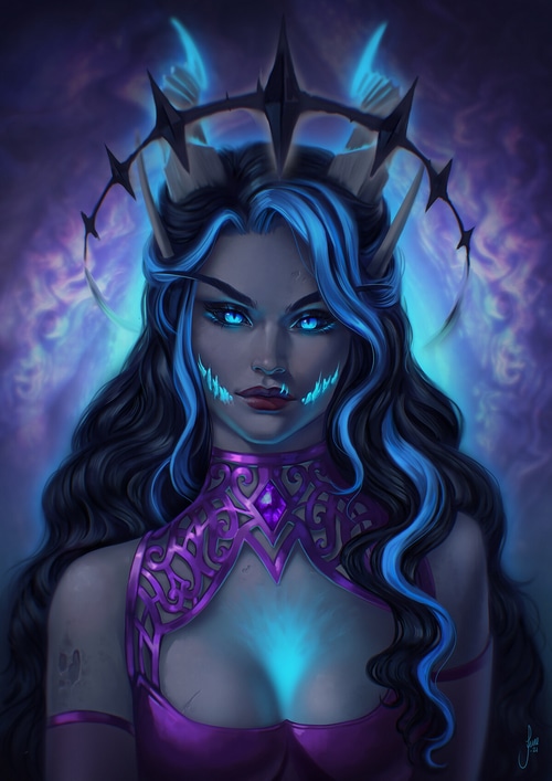 Fantasy girl with blue glowing eyes and crown