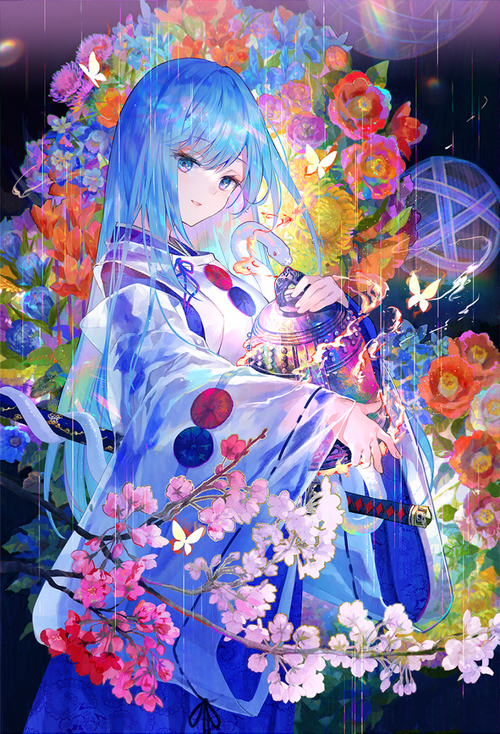 Anime girl with blue hair and snake in kimono with flowers