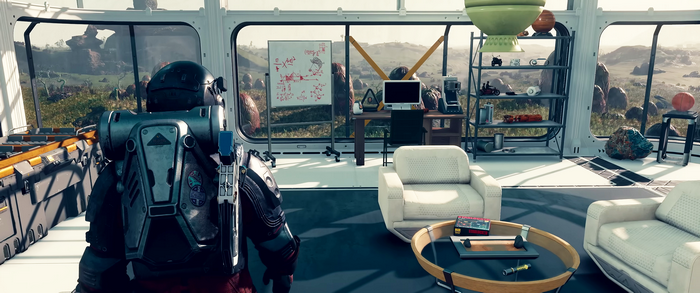 Starfield astronaut in a science outpost on an alien planet