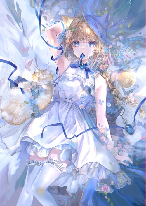 Cat girl with cat and flowers
