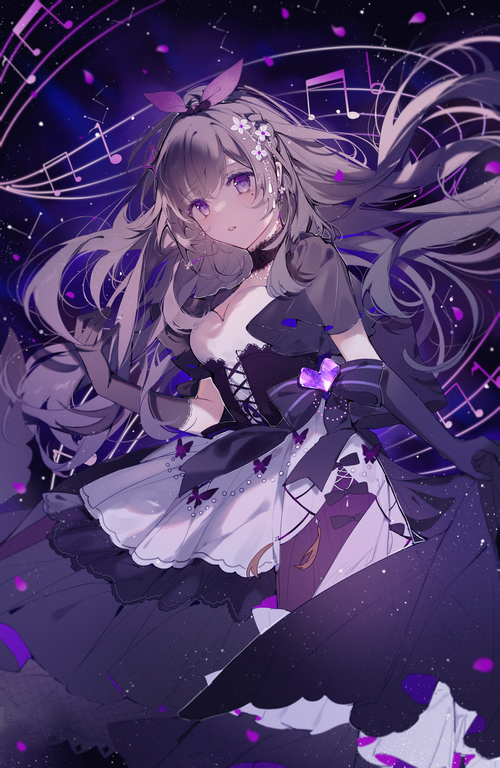 Anime girl with musical notes and purple petals