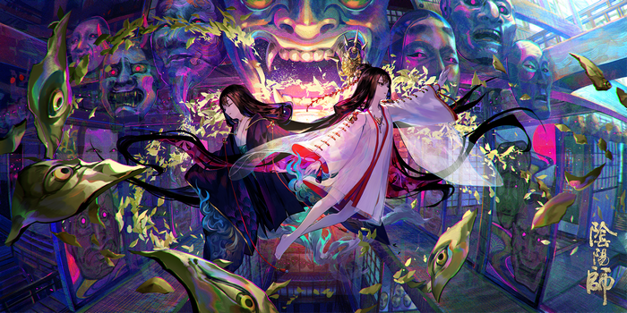 Two figures in kimonos with masks and floating elements
