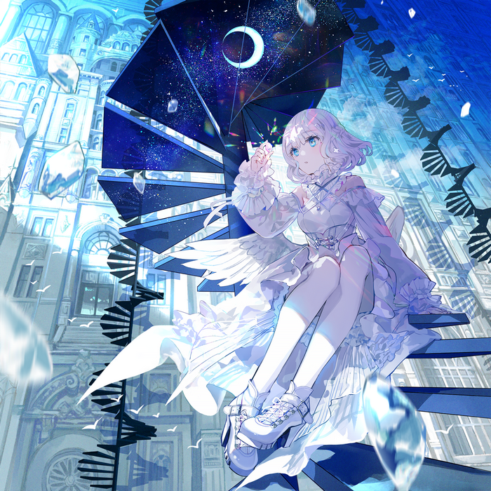 Girl with wings on a spiral staircase under a crescent moon