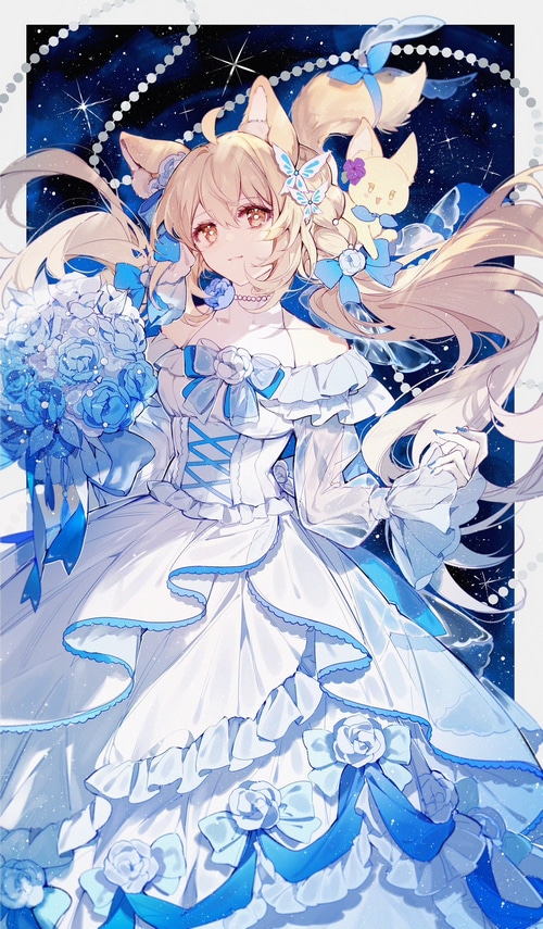 Fox girl in a white and blue dress with flowers