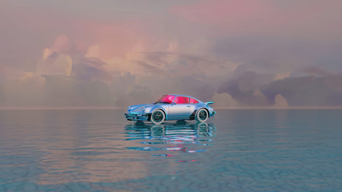 Blue Porsche 911 on reflective water