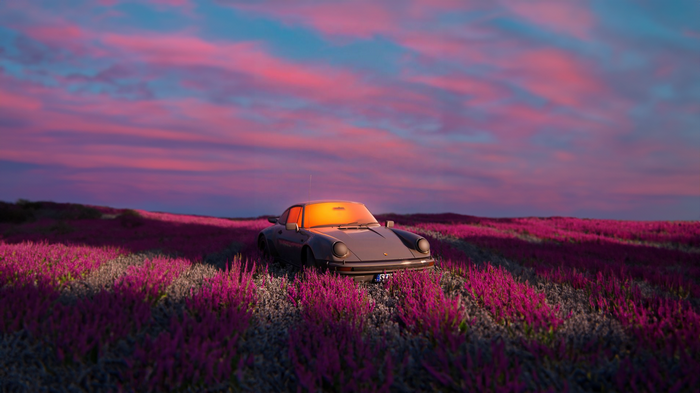 Porsche in a field of purple flowers at sunset
