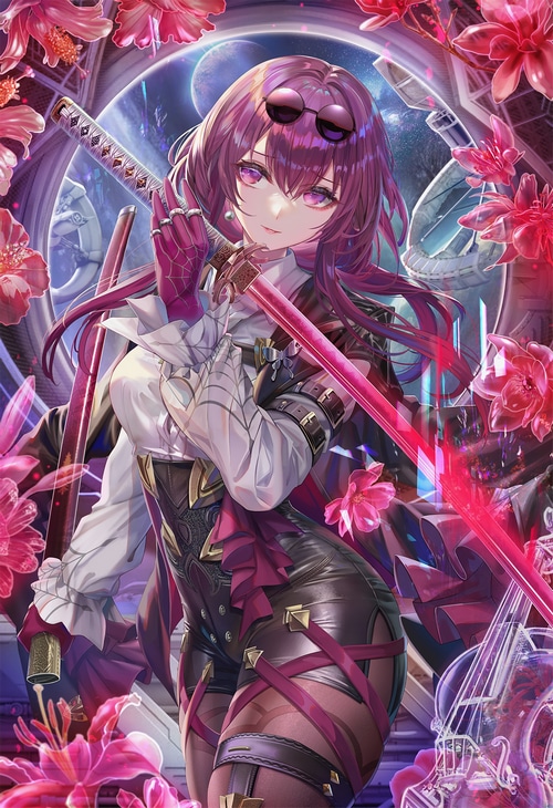 Kafka from Honkai: Star Rail with swords and flowers
