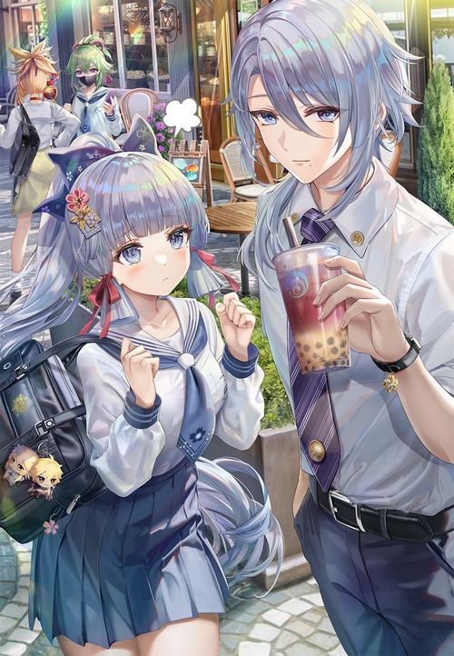 Genshin Impact characters in school uniforms with drinks